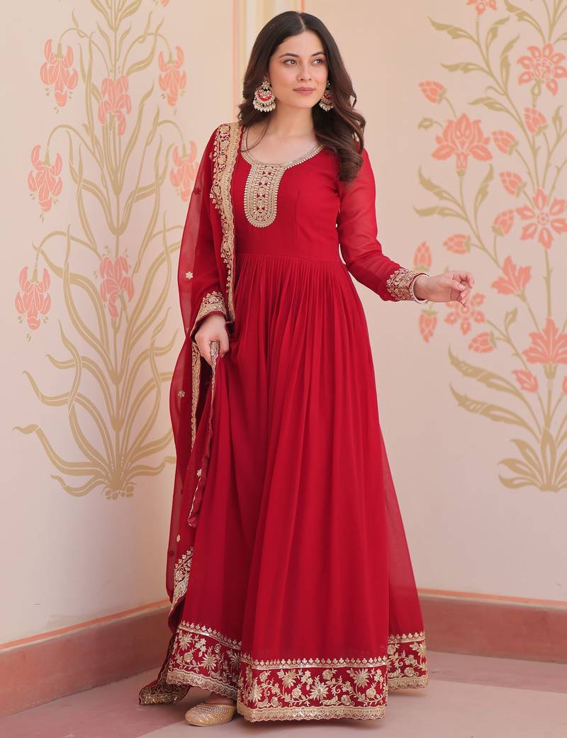  Maroon Georgette Zari Embroidered Gown With Dupatta