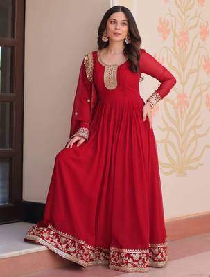  Maroon Georgette Zari Embroidered Gown With Dupatta 2