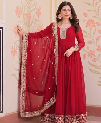  Maroon Georgette Zari Embroidered Gown With Dupatta 3