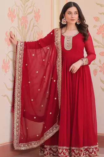  Maroon Georgette Zari Embroidered Gown With Dupatta