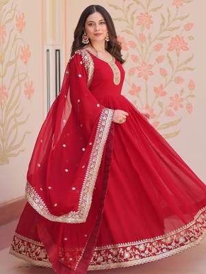  Maroon Georgette Zari Embroidered Gown With Dupatta 4