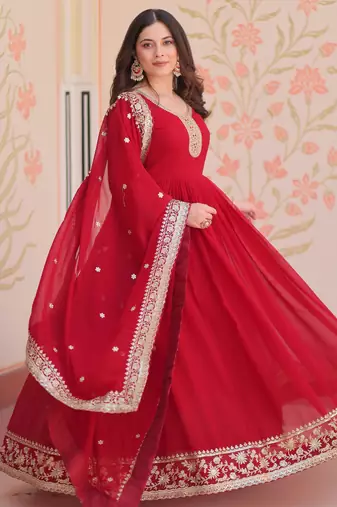  Maroon Georgette Zari Embroidered Gown With Dupatta