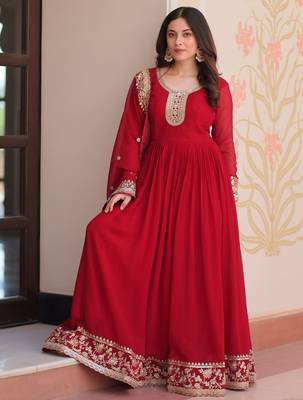  Maroon Georgette Zari Embroidered Gown With Dupatta 5