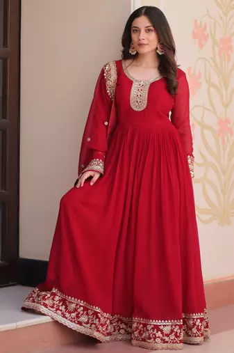 Maroon Georgette Zari Embroidered Gown With Dupatta