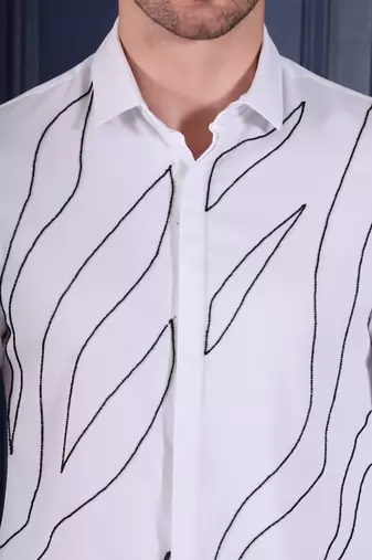 Pier seven men’s white cotton blend hand embroidered slim fit  shirt