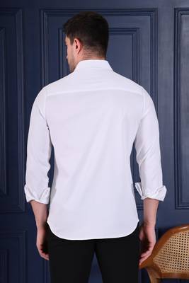 Pier seven men’s white cotton blend hand embroidered slim fit  shirt 4