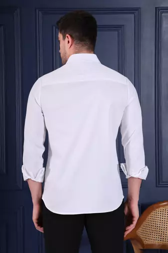 Pier seven men’s white cotton blend hand embroidered slim fit  shirt