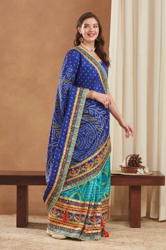 premium bandhani dola art silk saree with embroidered banglori art silk blouse