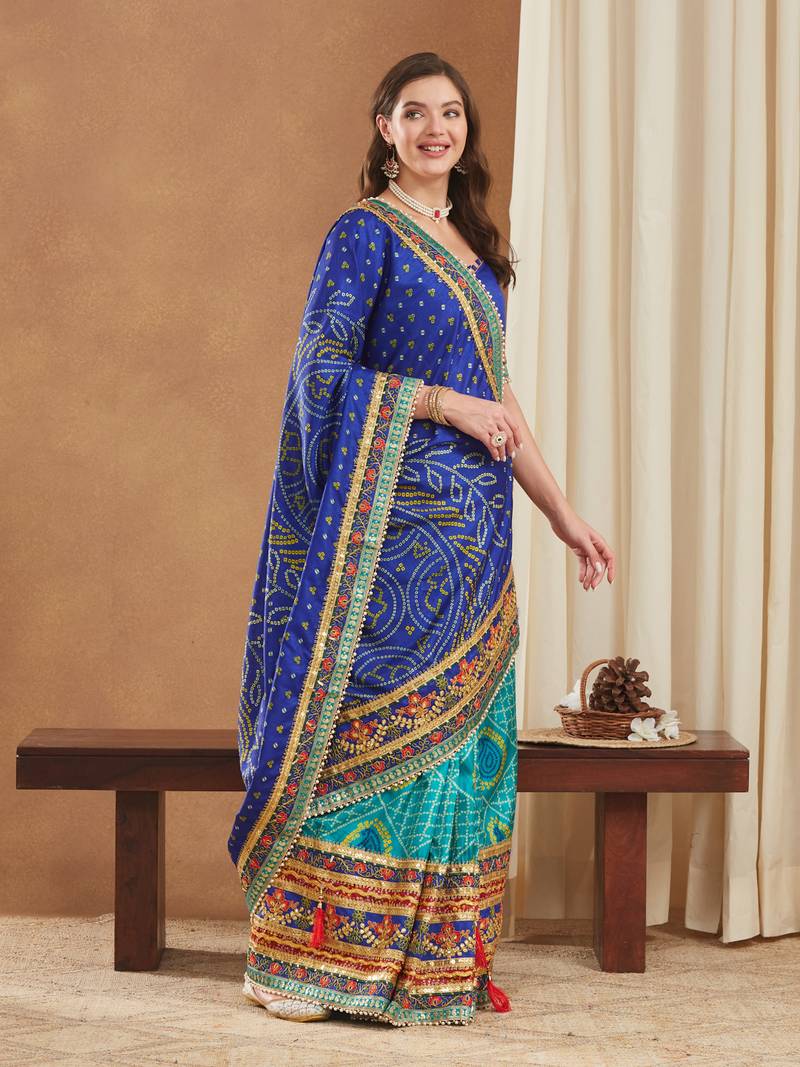 premium bandhani dola art silk saree with embroidered banglori art silk blouse