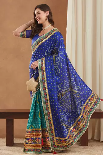 premium bandhani dola art silk saree with embroidered banglori art silk blouse