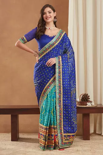 premium bandhani dola art silk saree with embroidered banglori art silk blouse