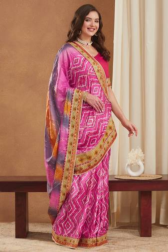bright mose chiffon half & half bandhej saree with banglori art silk blouse