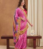 bright mose chiffon half & half bandhej saree with banglori art silk blouse