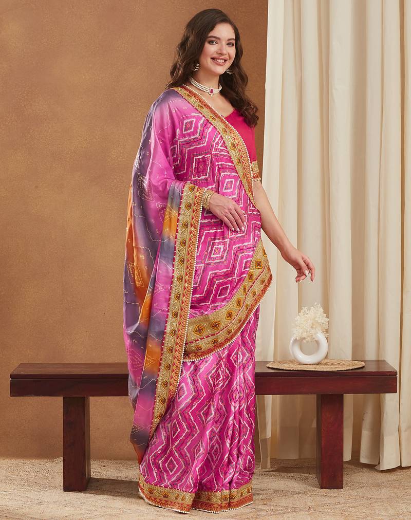 bright mose chiffon half & half bandhej saree with banglori art silk blouse