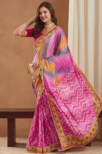 bright mose chiffon half & half bandhej saree with banglori art silk blouse