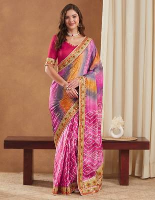 bright mose chiffon half & half bandhej saree with banglori art silk blouse 3