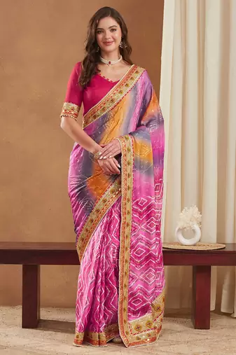 bright mose chiffon half & half bandhej saree with banglori art silk blouse