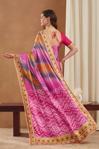 bright mose chiffon half & half bandhej saree with banglori art silk blouse