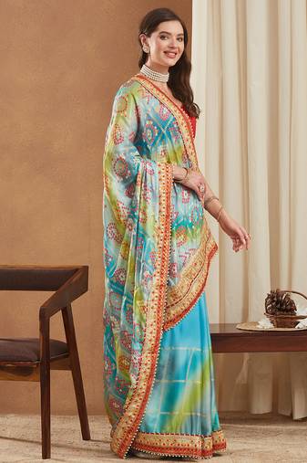 bright mose chiffon half & half bandhej saree with banglori art silk blouse