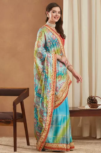 bright mose chiffon half & half bandhej saree with banglori art silk blouse