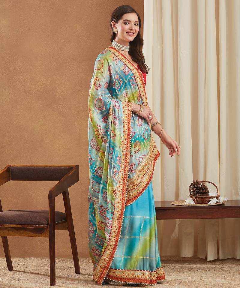 bright mose chiffon half & half bandhej saree with banglori art silk blouse