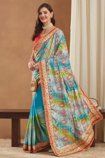 bright mose chiffon half & half bandhej saree with banglori art silk blouse