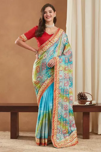bright mose chiffon half & half bandhej saree with banglori art silk blouse