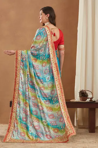 bright mose chiffon half & half bandhej saree with banglori art silk blouse