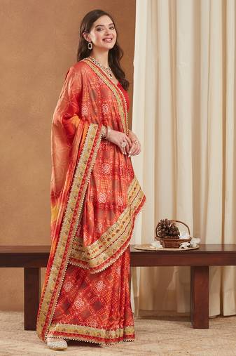 bright mose chiffon half & half bandhej saree with banglori art silk blouse