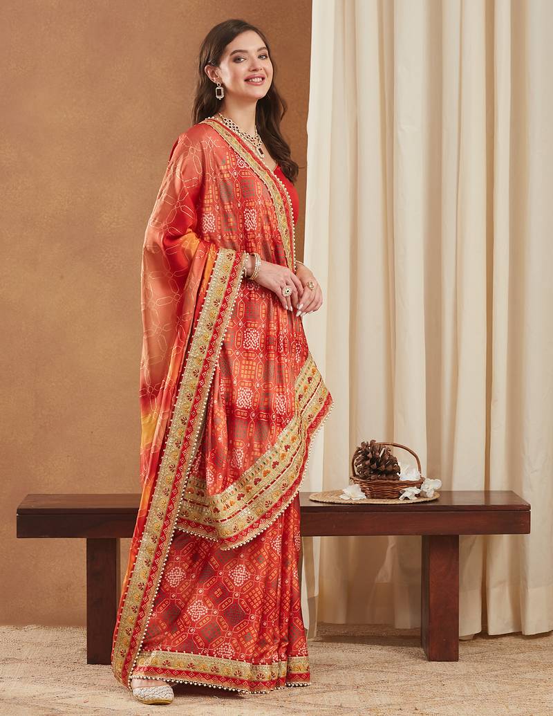 bright mose chiffon half & half bandhej saree with banglori art silk blouse