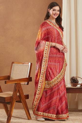 bright mose chiffon half & half bandhej saree with banglori art silk blouse