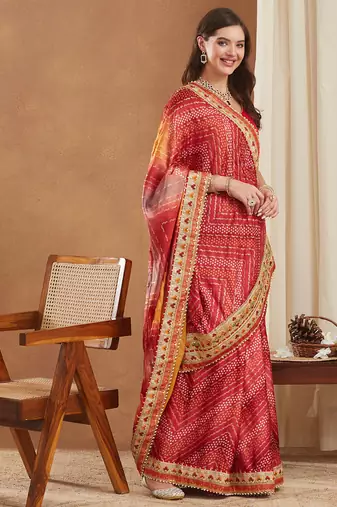 bright mose chiffon half & half bandhej saree with banglori art silk blouse