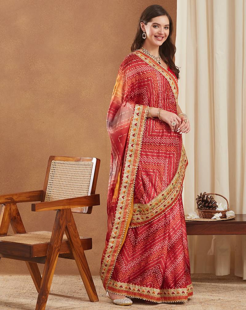 bright mose chiffon half & half bandhej saree with banglori art silk blouse