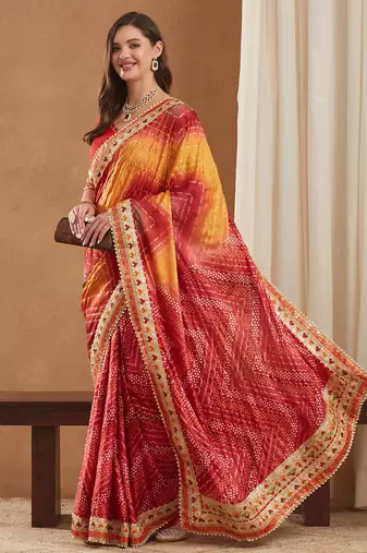 bright mose chiffon half & half bandhej saree with banglori art silk blouse