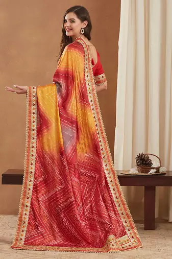 bright mose chiffon half & half bandhej saree with banglori art silk blouse