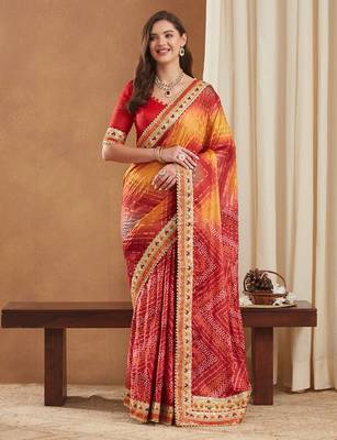 bright mose chiffon half & half bandhej saree with banglori art silk blouse 4