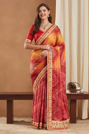 bright mose chiffon half & half bandhej saree with banglori art silk blouse