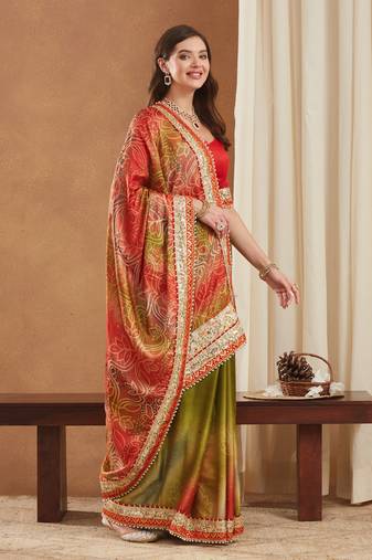 bright mose chiffon half & half bandhej saree with banglori art silk blouse