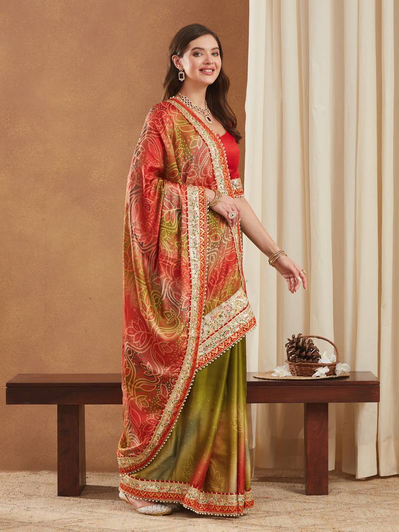 bright mose chiffon half & half bandhej saree with banglori art silk blouse