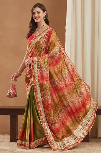 bright mose chiffon half & half bandhej saree with banglori art silk blouse