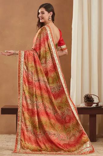 bright mose chiffon half & half bandhej saree with banglori art silk blouse