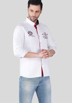 Pier seven men white solid casual cotton shirt with embroidered detailing – regular fit, full sleeve 5