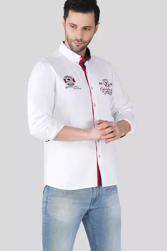 Pier seven men white solid casual cotton shirt with embroidered detailing – regular fit, full sleeve