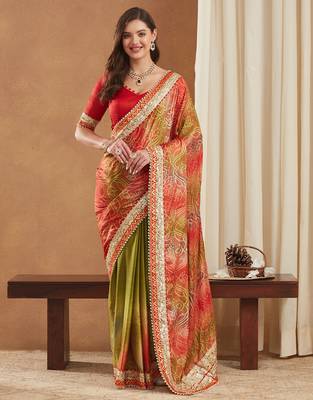 bright mose chiffon half & half bandhej saree with banglori art silk blouse 4