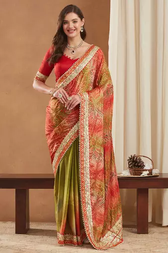 bright mose chiffon half & half bandhej saree with banglori art silk blouse