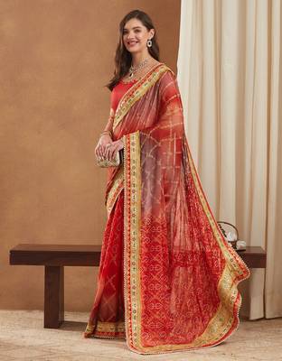 bandhej mose chiffon saree with banglori art silk blouse 1