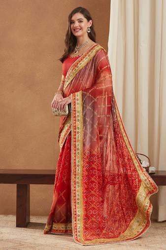 bandhej mose chiffon saree with banglori art silk blouse
