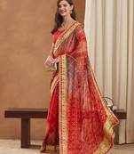 bandhej mose chiffon saree with banglori art silk blouse