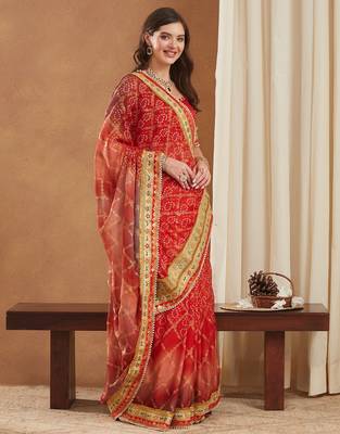 bandhej mose chiffon saree with banglori art silk blouse 2