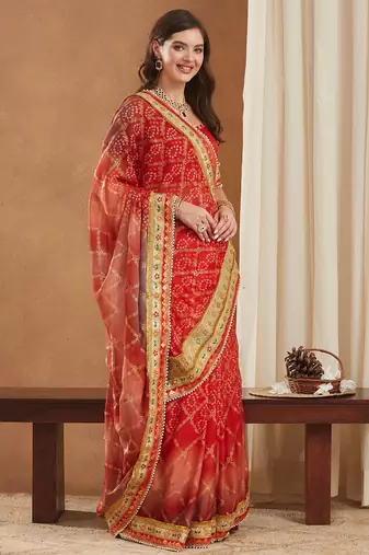 bandhej mose chiffon saree with banglori art silk blouse